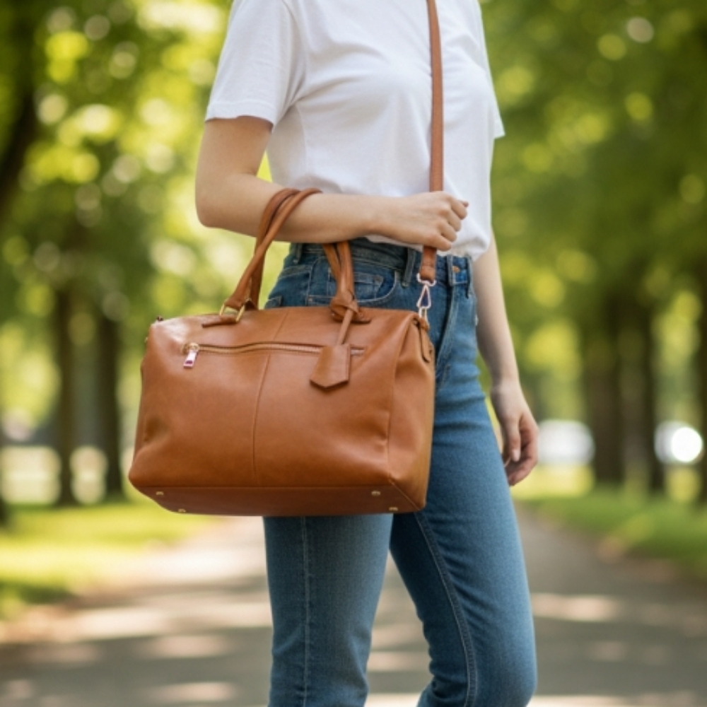 Modern Chic Tan Leather Style Tote Handbag Multiple Pockets